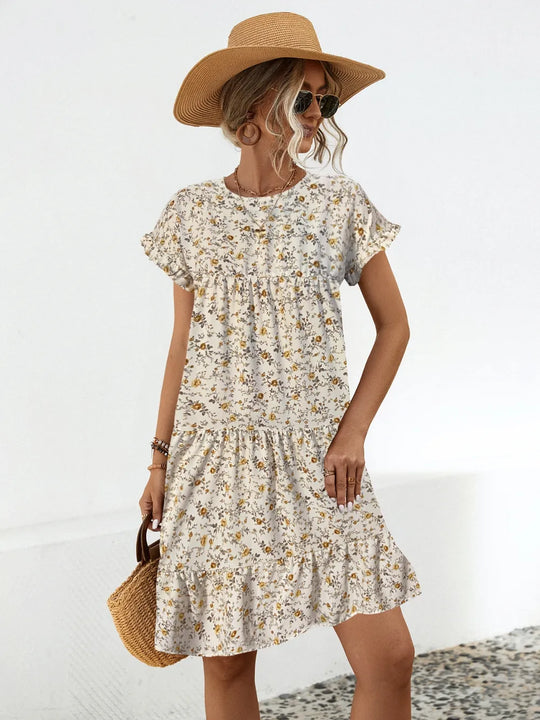 Faye โ Frill Floral Round Neck Short Sleeve Tiered Dress