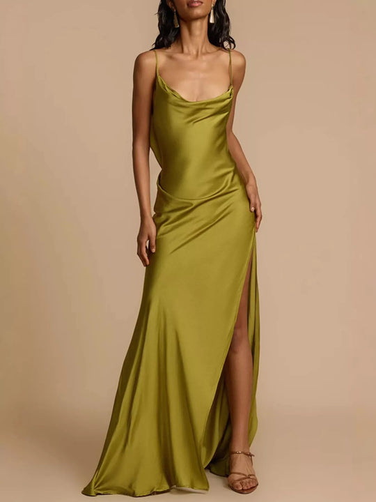 Celeste — Satin Cowl Neck Slit Maxi Dress
