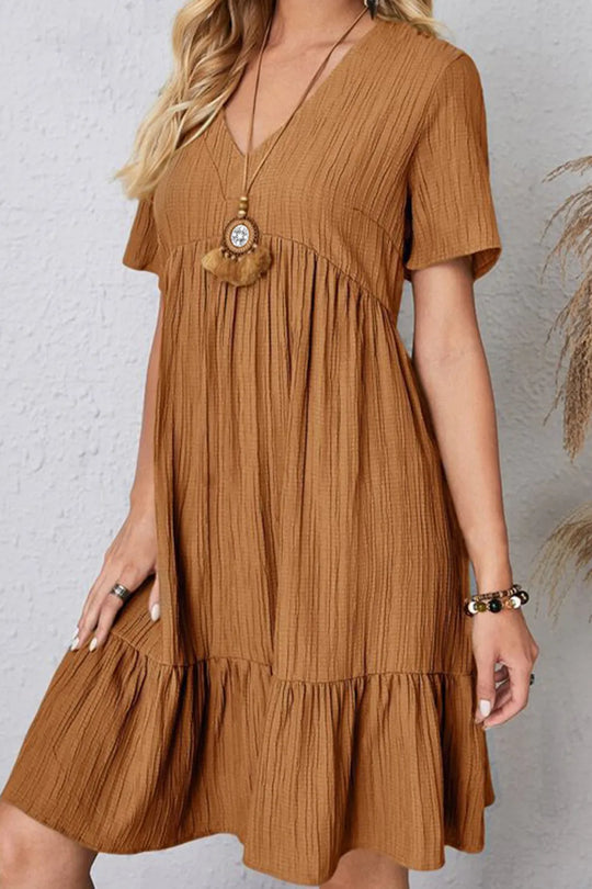 Freya โ Ruched V-Neck Short Sleeve Dress