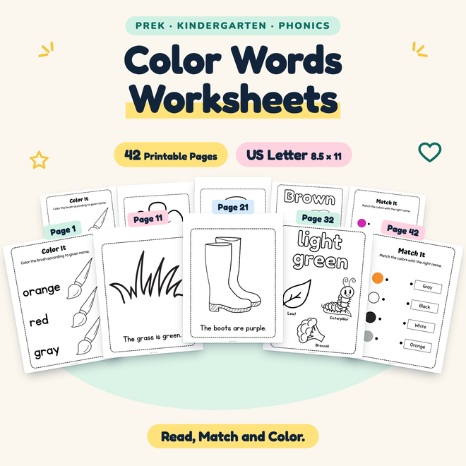 Color Words Worksheets — Read, Match and Color, PreK–K — cover