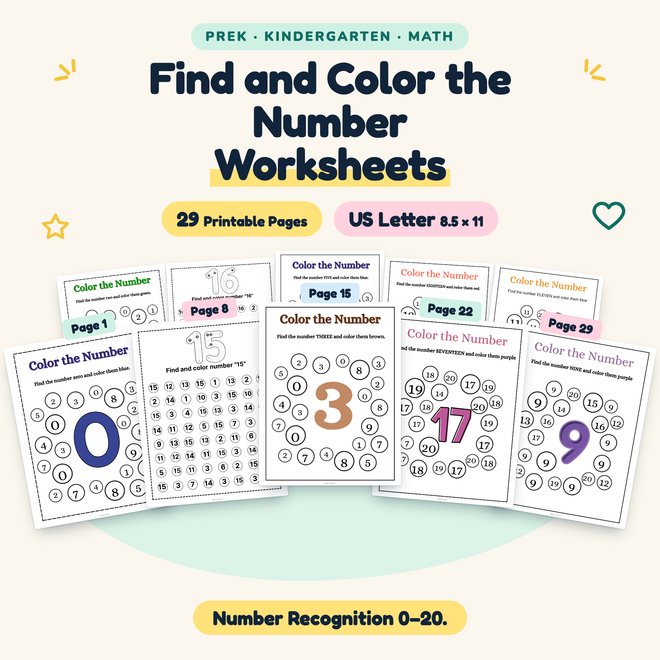 Find and Color the Number — Number Recognition 0–20, PreK–K — cover