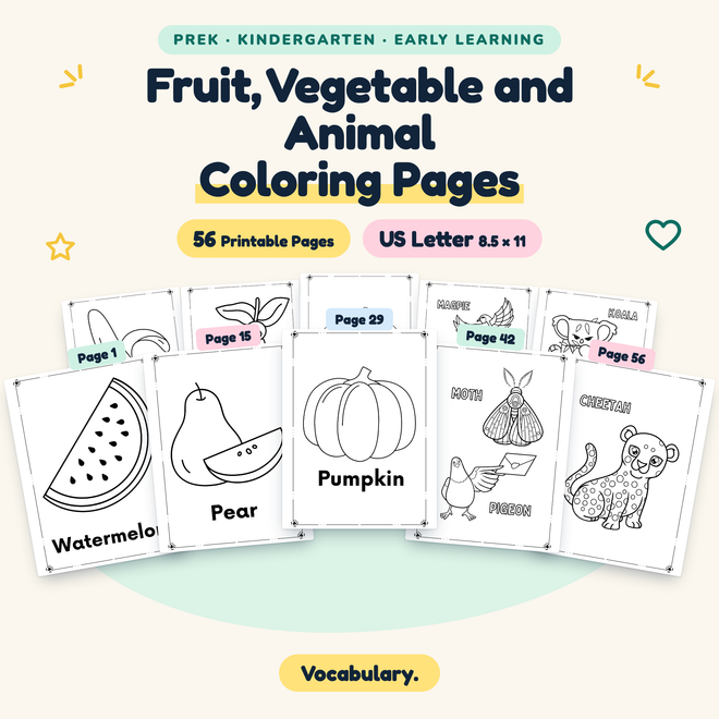 Fruit, Vegetable and Animal Coloring Pages — Vocabulary, PreK–K — cover