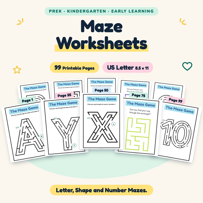Maze Worksheets — Letter, Shape and Number Mazes, PreK–K — cover