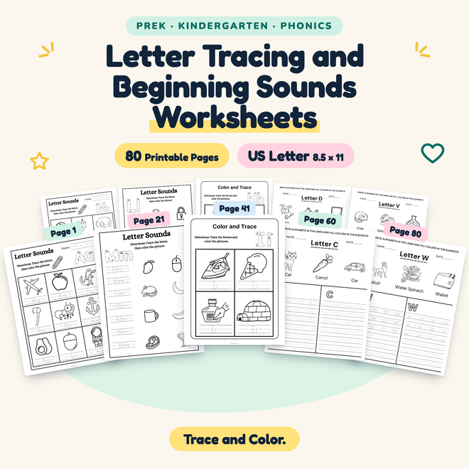 Letter Tracing and Beginning Sounds — Trace and Color, PreK–K — cover