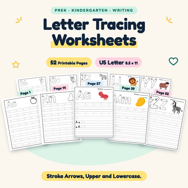 Letter Tracing Worksheets — Stroke Arrows, Upper and Lowercase, PreK–K — cover