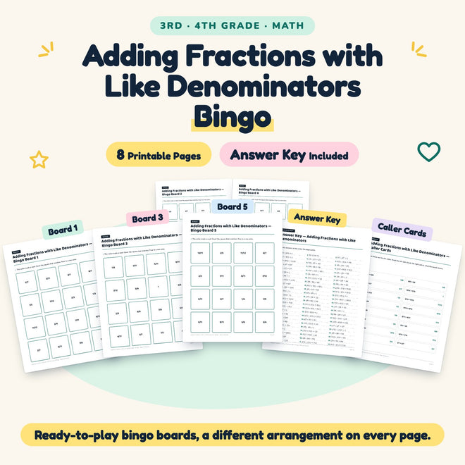 8 Adding Fractions with Like Denominators Bingo — cover