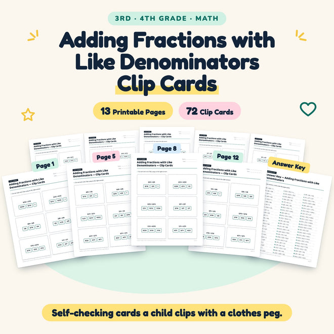 72 Adding Fractions with Like Denominators Clip Cards — cover