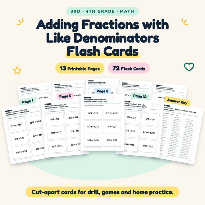 72 Adding Fractions with Like Denominators Flash Cards — cover