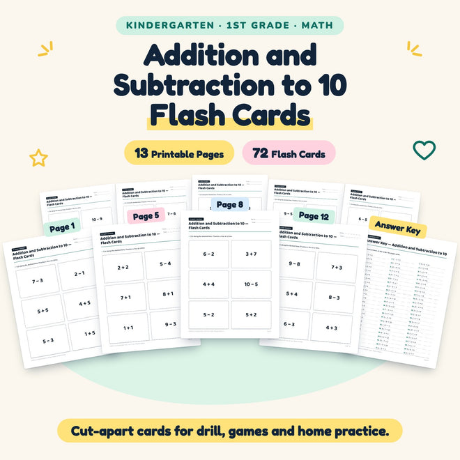 72 Addition and Subtraction to 10 Flash Cards — cover