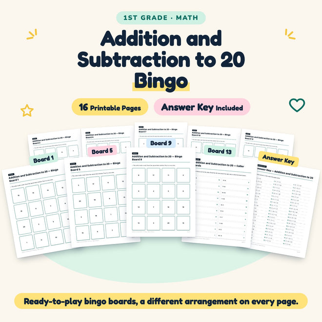 Addition and Subtraction to 20 Bingo | 1st Grade (16 Pages) — cover