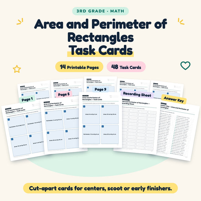 48 Area and Perimeter of Rectangles Task Cards — cover