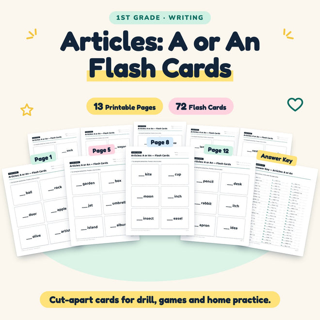 Articles: A or An Flash Cards | 1st Grade Grammar (40 Cards) — cover