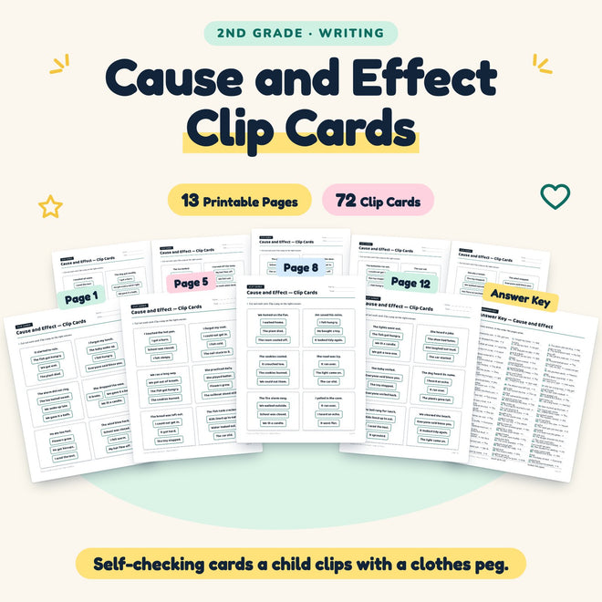 Cause and Effect Clip Cards | 2nd Grade Writing (24 Cards) — cover