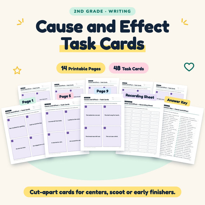 Cause and Effect Task Cards | 2nd Grade Writing (24 Cards) — cover