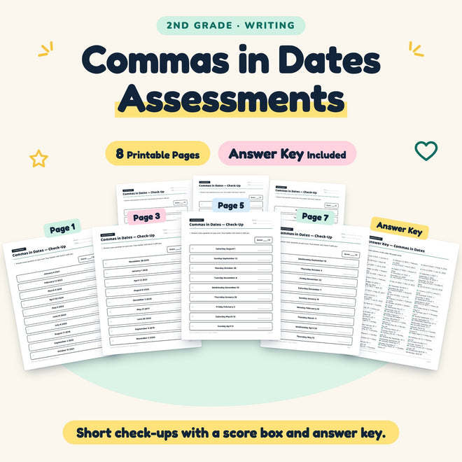 Commas in Dates Assessments | 2nd Grade Grammar (4 Pages) — cover