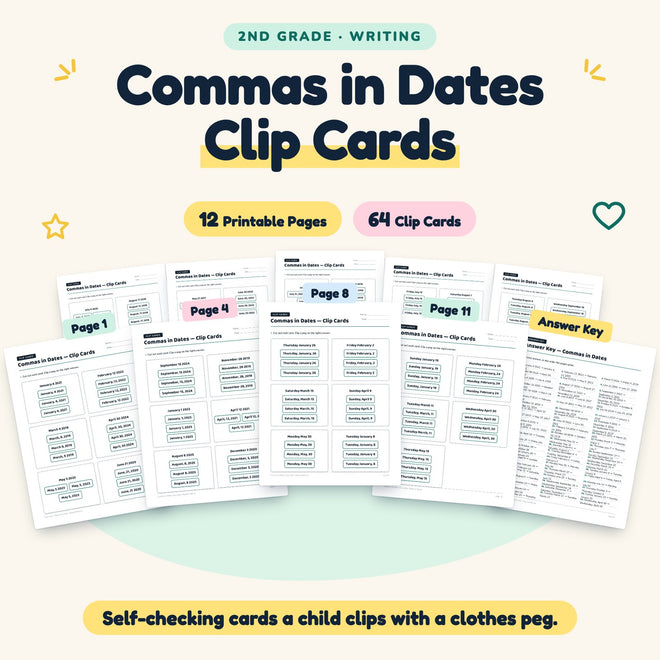 Commas in Dates Clip Cards | 2nd Grade Grammar (30 Cards) — cover