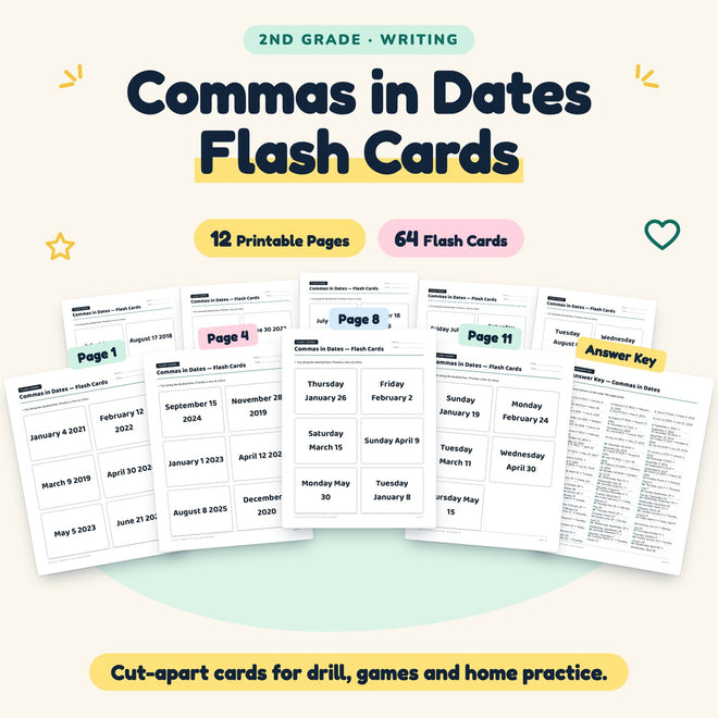 Commas in Dates Flash Cards | 2nd Grade Grammar (30 Cards) — cover