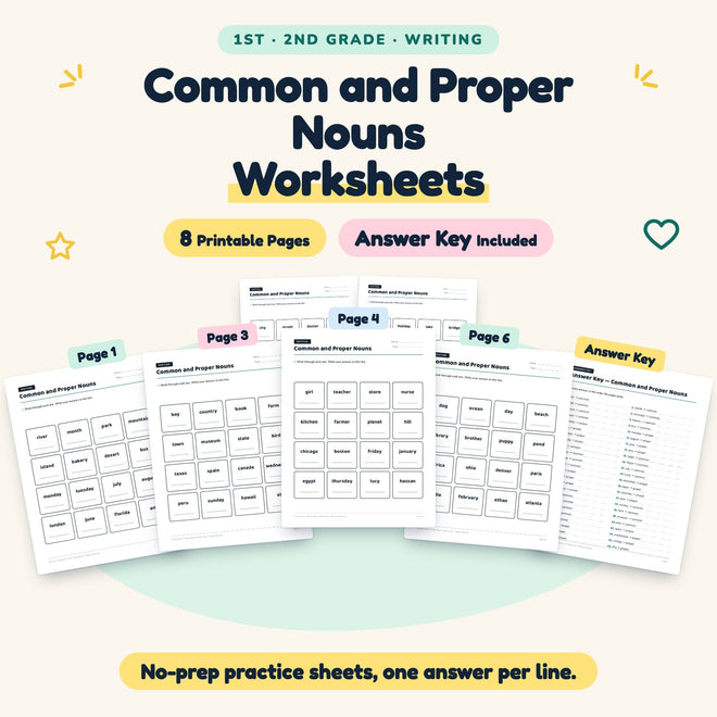 Common and Proper Nouns Worksheets | 1st–2nd Grade (4 Pages) — cover