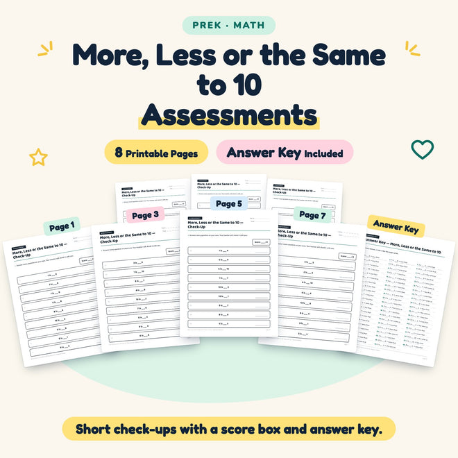 More, Less or the Same to 10 Assessments | Preschool Math — cover