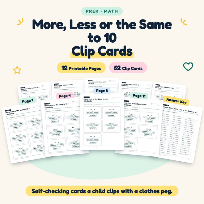 More, Less or the Same to 10 Clip Cards | Preschool Math — cover