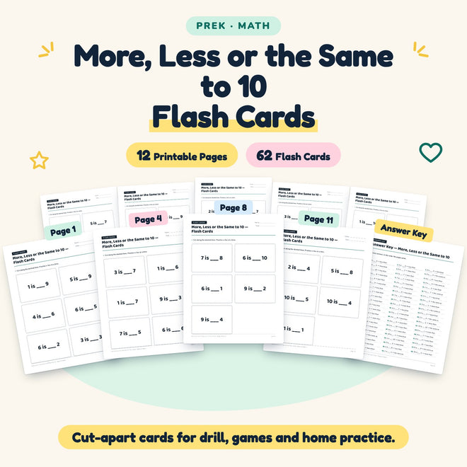 More, Less or the Same to 10 Flash Cards | Preschool Math — cover