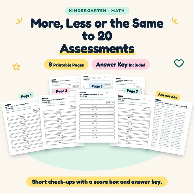 More, Less or the Same to 20 Assessments | Kindergarten Math — cover