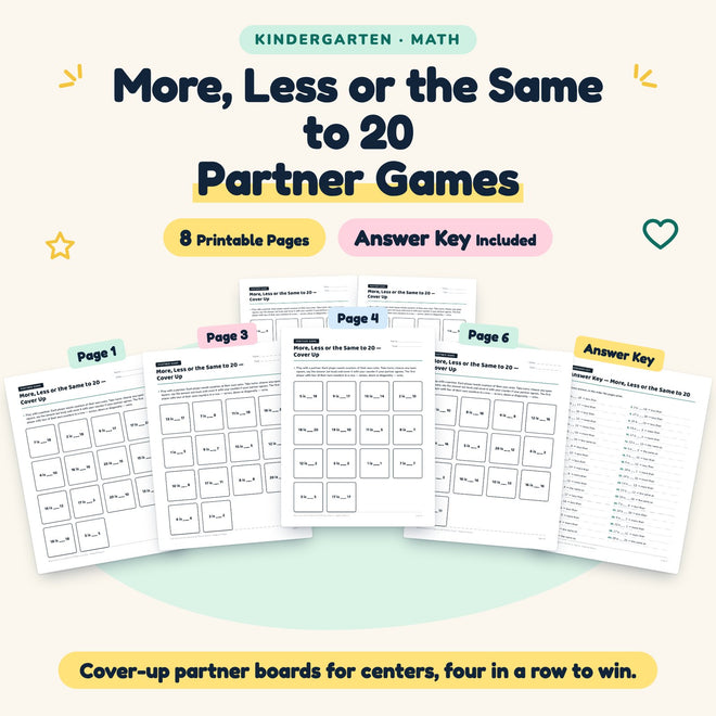 More, Less or the Same to 20 Partner Games | Kindergarten — cover