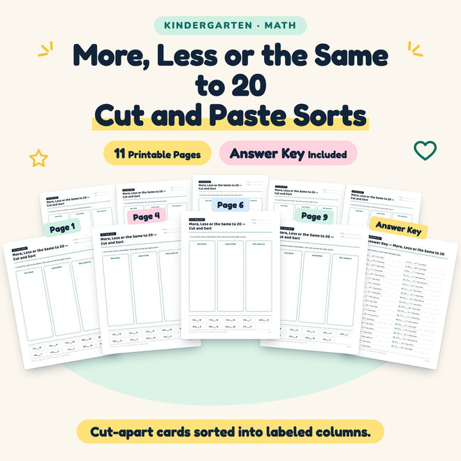 More, Less or the Same to 20 Cut and Paste Sorts | Kindergarten — cover