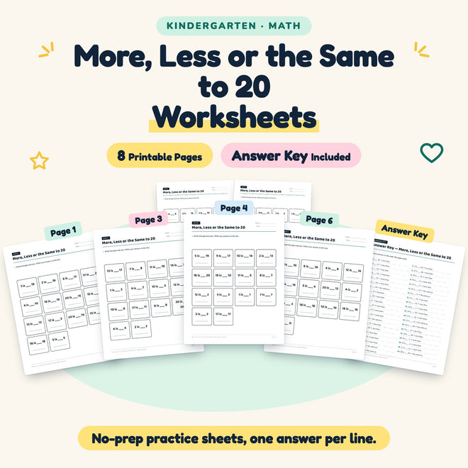 More, Less or the Same to 20 Worksheets | Kindergarten Math — cover