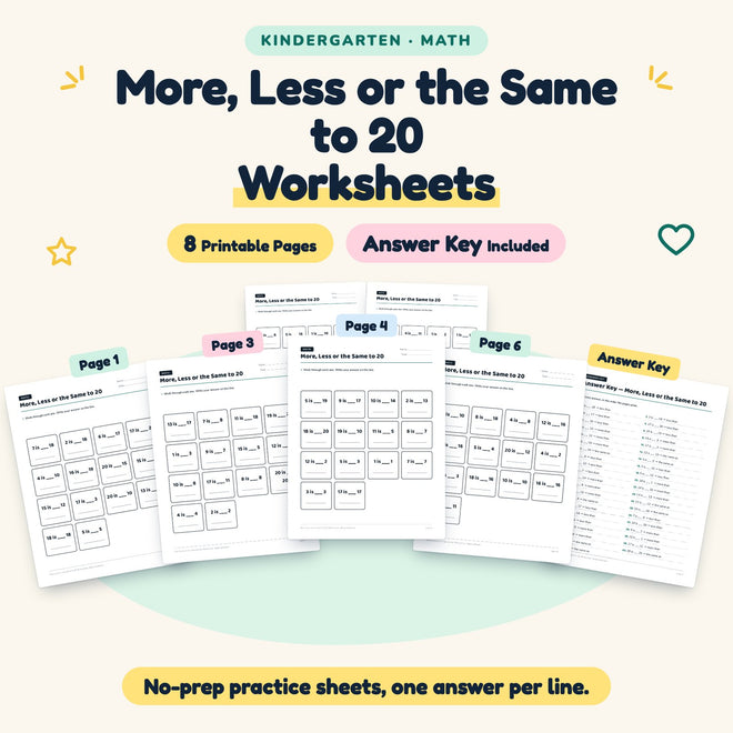 More, Less or the Same to 20 Worksheets | Kindergarten Math — cover