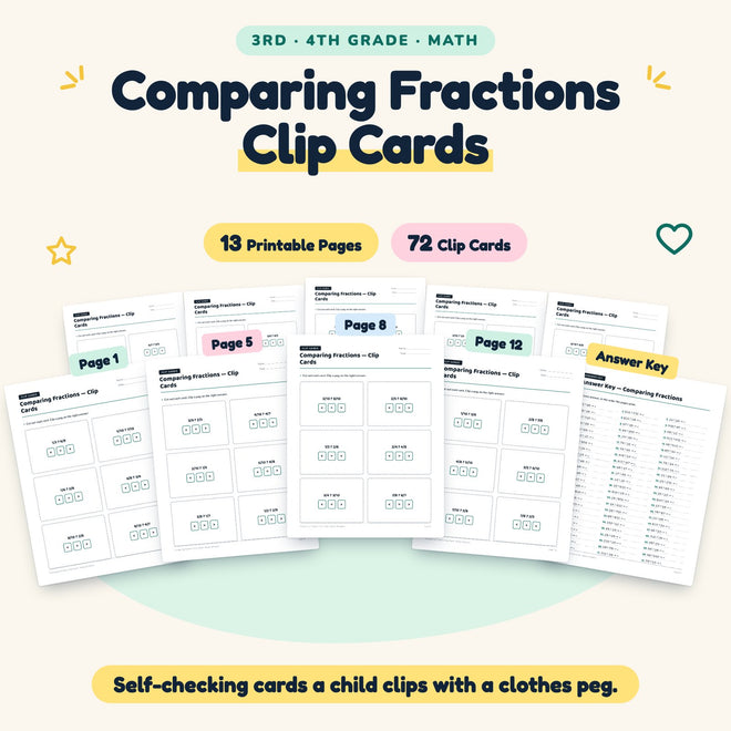 72 Comparing Fractions Clip Cards — cover