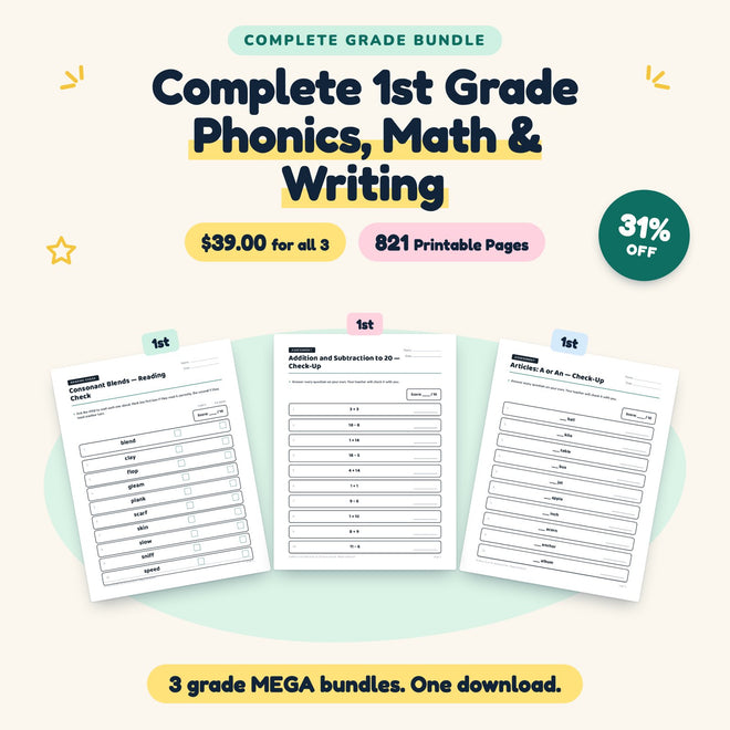 Complete 1st Grade Bundle | Phonics, Math & Writing MEGAs — cover
