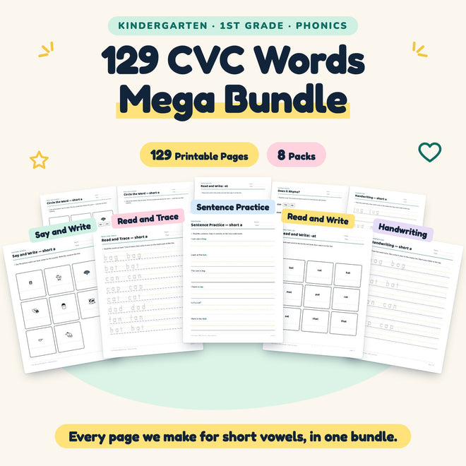 129 CVC Words Worksheets MEGA BUNDLE - Short Vowels, Word Families & Handwriting K-1 — cover