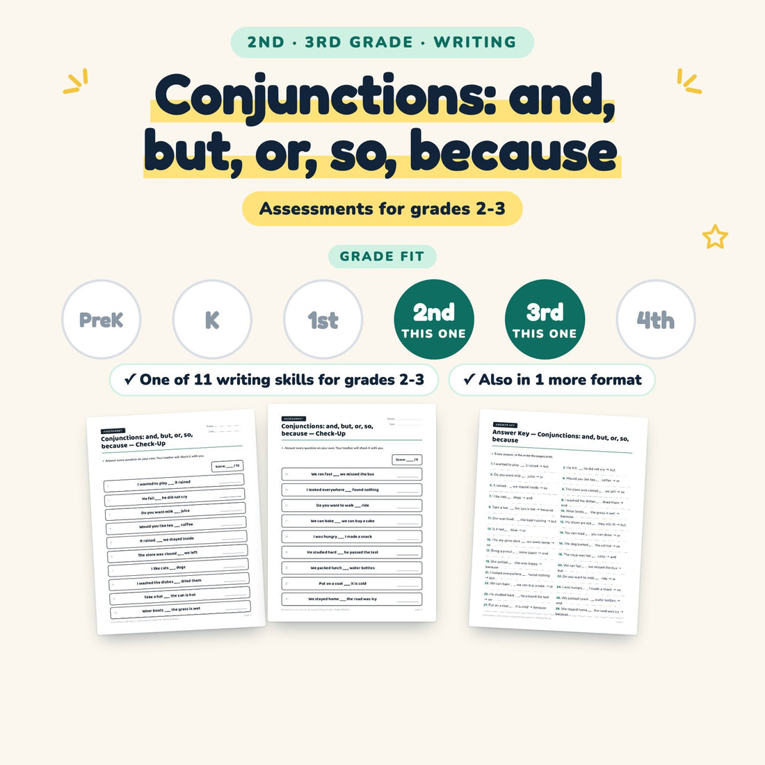 Conjunctions: and, but, or, so, because: skill and grade fit