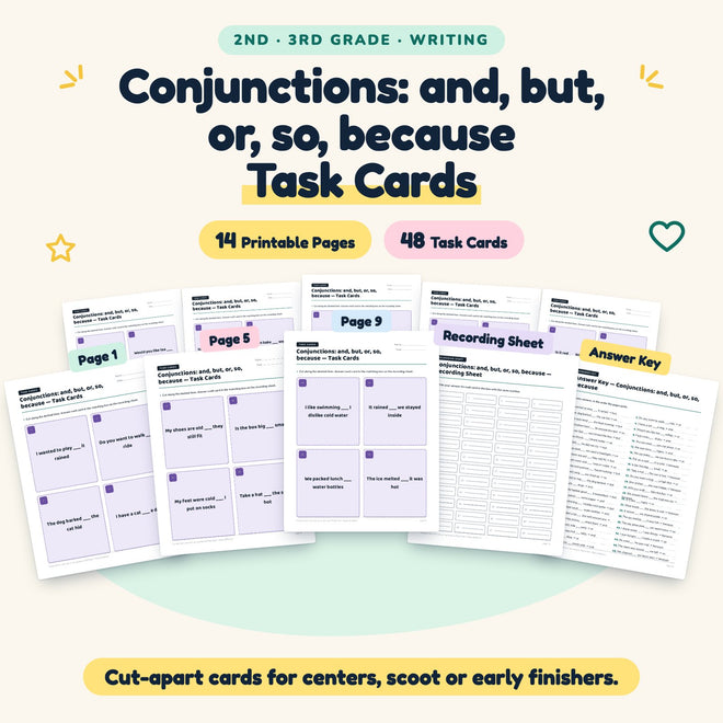 Conjunctions Task Cards | 2nd–3rd Grade Grammar (28 Cards) — cover
