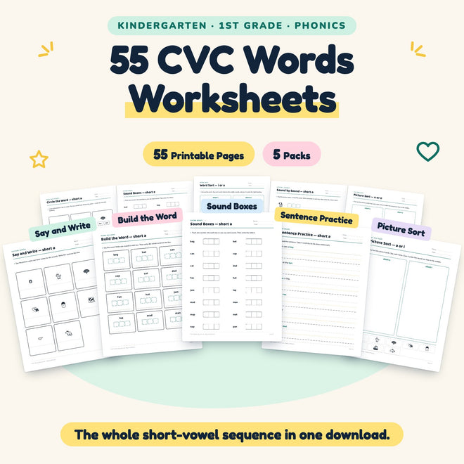 CVC Words Worksheets | K–1st Grade Phonics (55 Pages) — cover