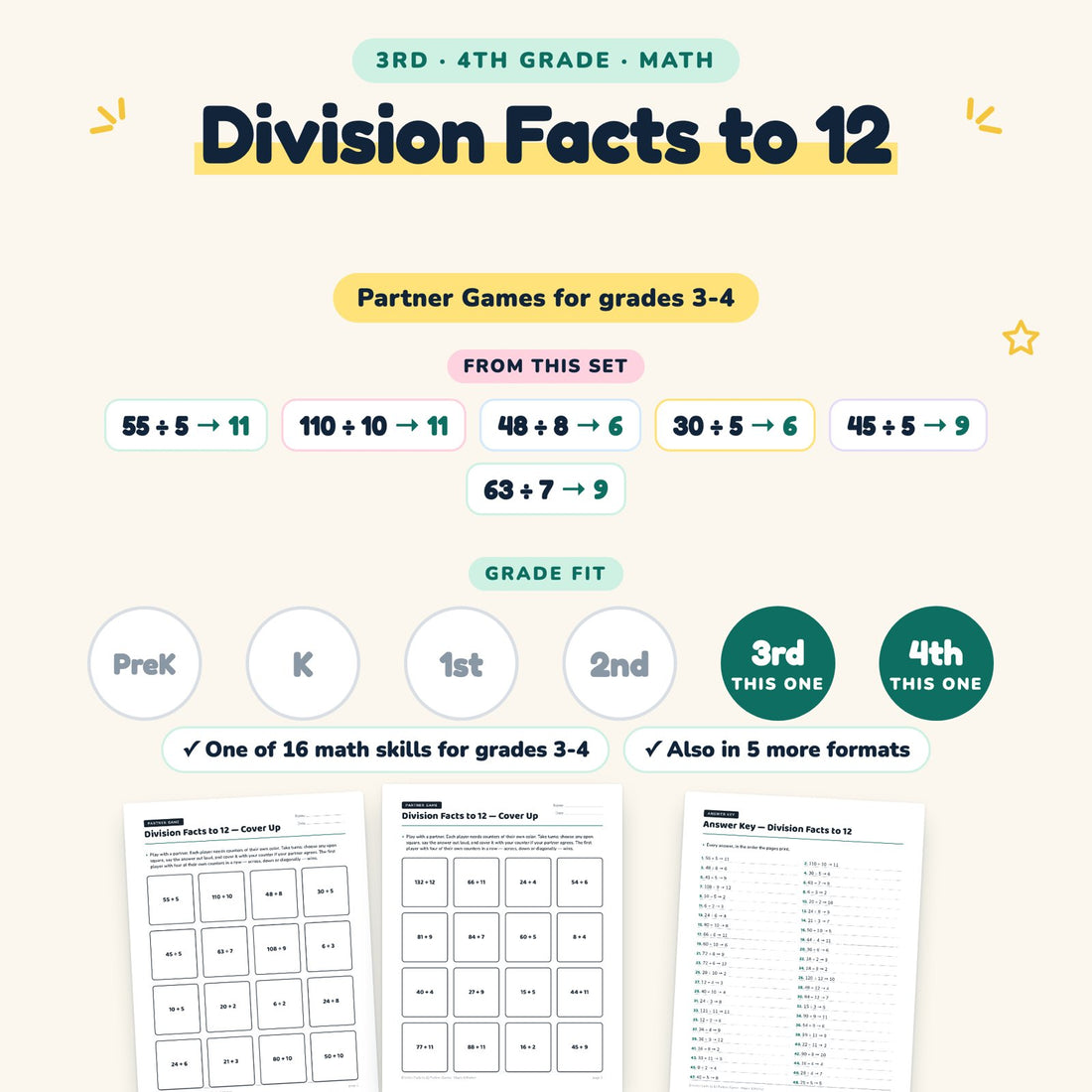 Division Facts to 12: skill and grade fit