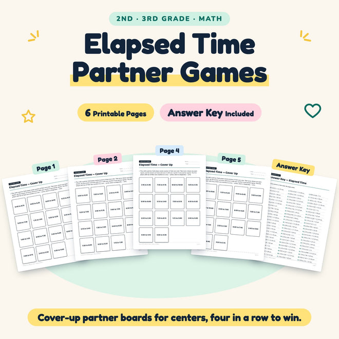 Elapsed Time Partner Games | 2nd–3rd Grade Math (6 Pages) — cover