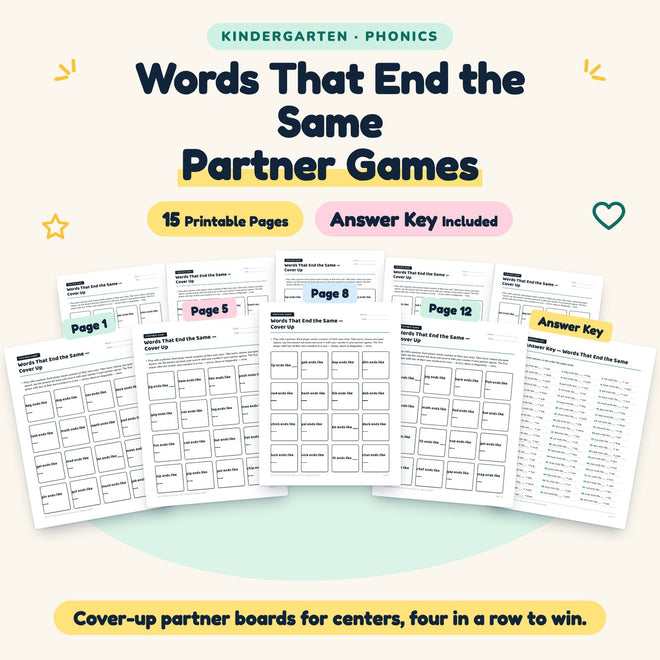 Words That End the Same Partner Games | Kindergarten Phonics — cover