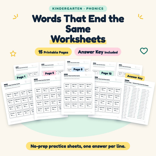 Words That End the Same Worksheets | Kindergarten (14 Pages) — cover