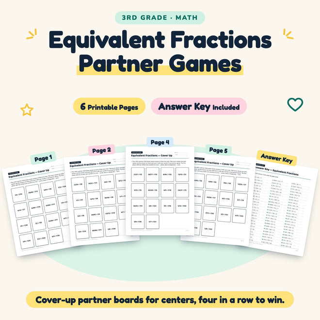6 Equivalent Fractions Partner Games — cover