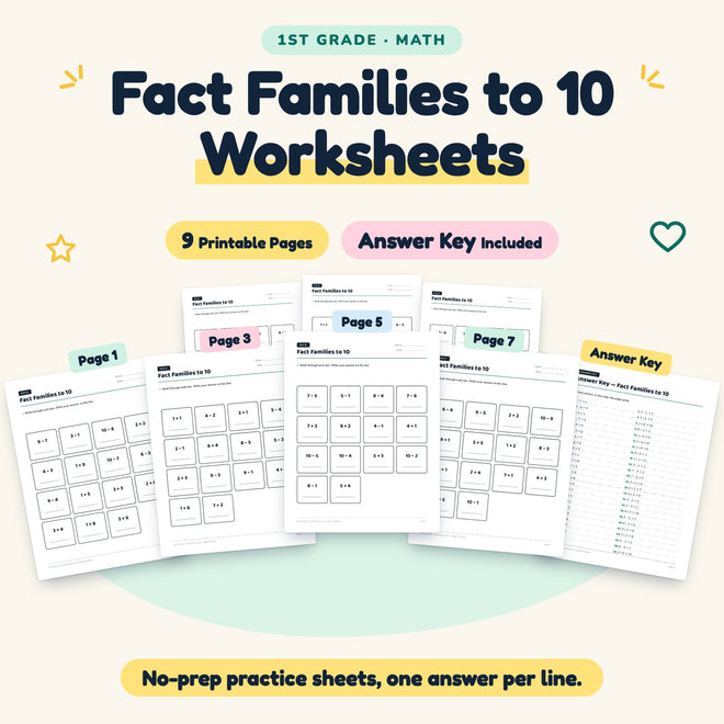 9 Fact Families to 10 Worksheets — cover