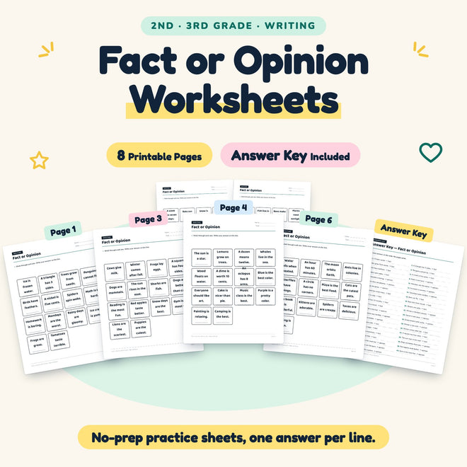 Fact or Opinion Worksheets | 2nd–3rd Grade Writing (4 Pages) — cover