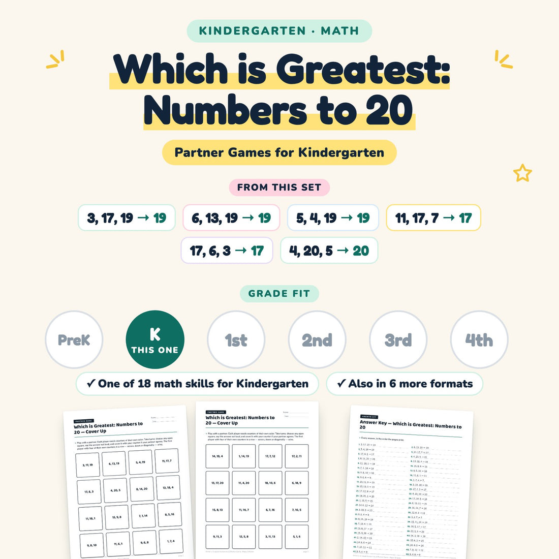 Which is Greatest: Numbers to 20: skill and grade fit