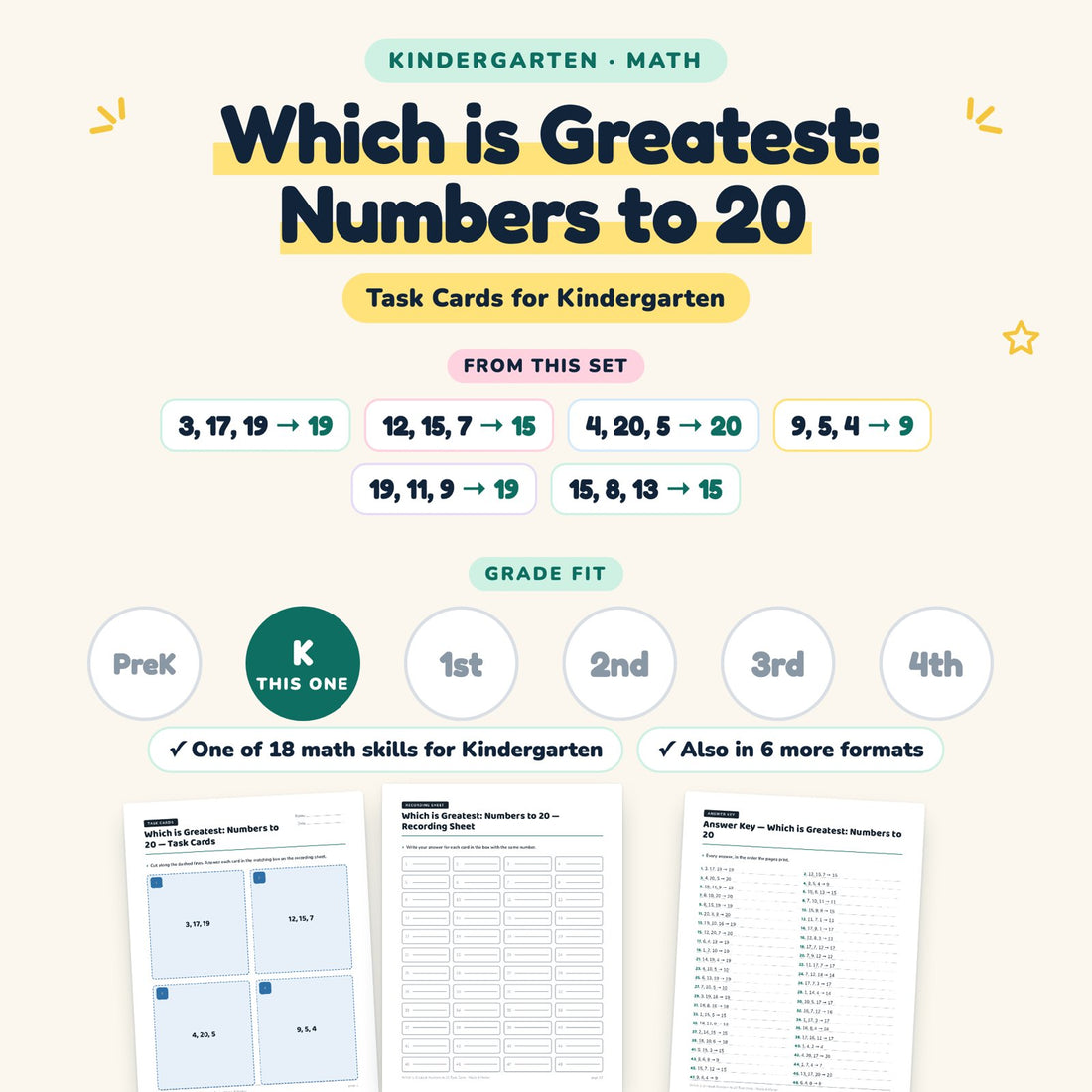 Which is Greatest: Numbers to 20: skill and grade fit