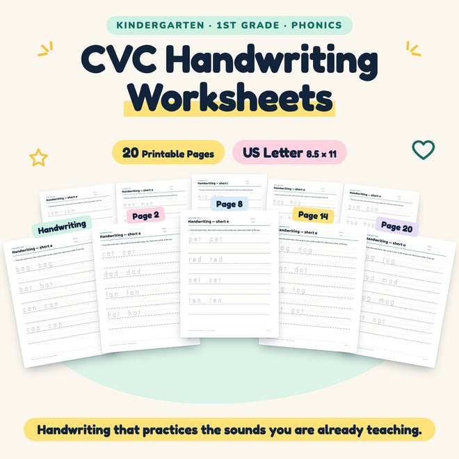 CVC Handwriting Worksheets | K–1st Grade Phonics (20 Pages) — cover