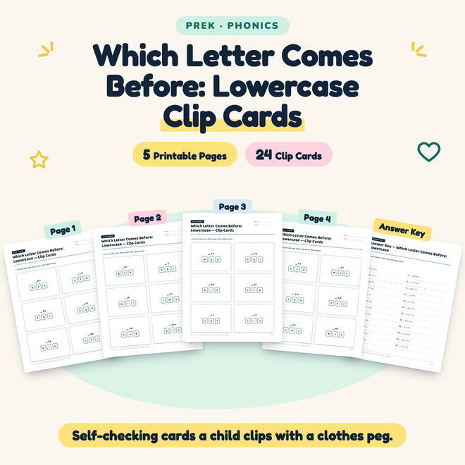 24 Which Letter Comes Before: Lowercase Clip Cards — cover