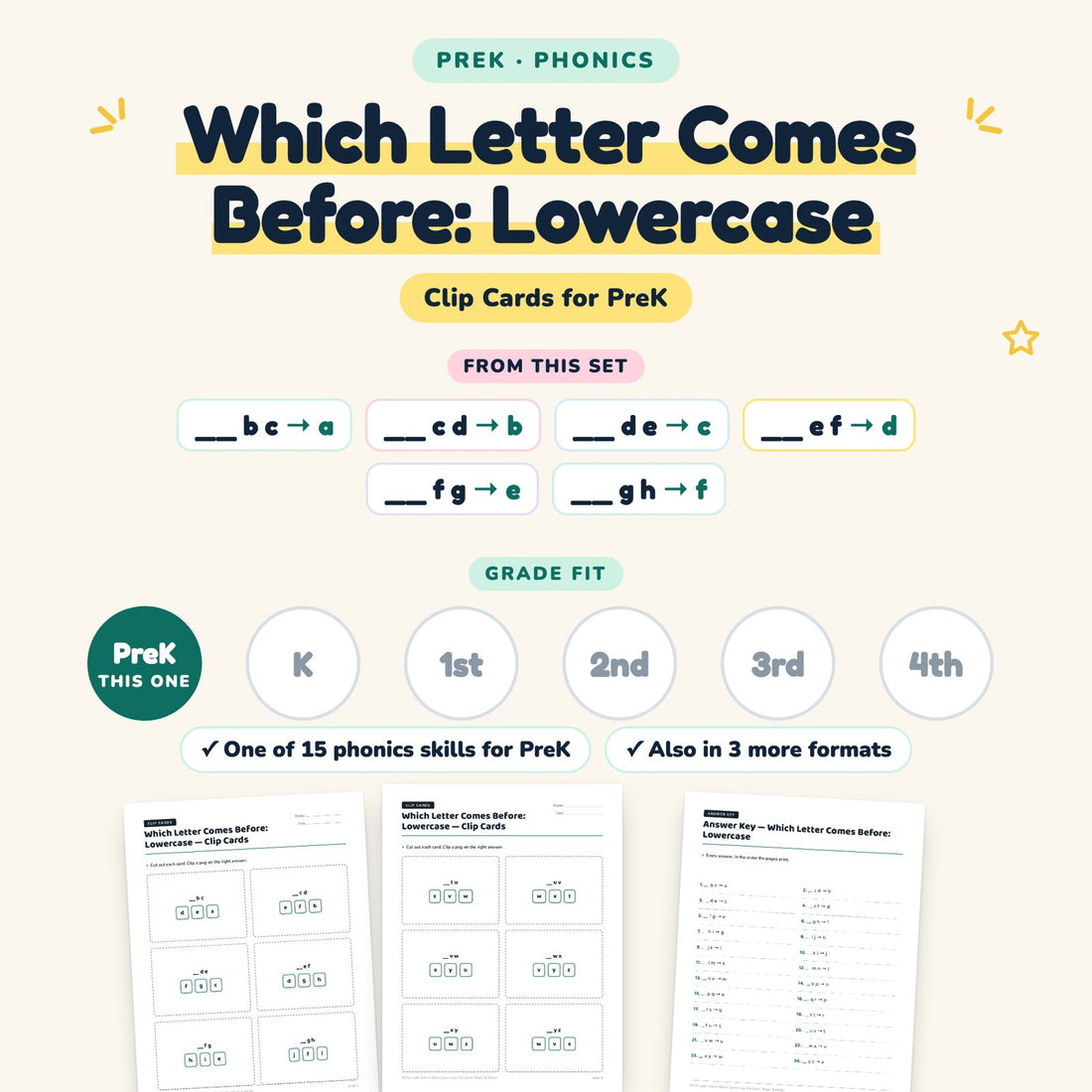 Which Letter Comes Before: Lowercase: skill and grade fit