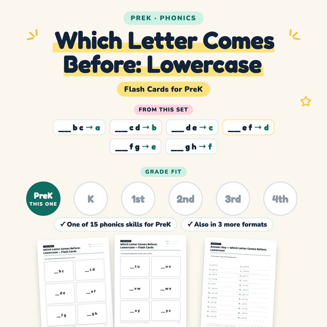 Which Letter Comes Before: Lowercase: skill and grade fit
