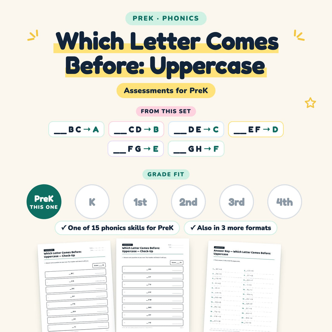 Which Letter Comes Before: Uppercase: skill and grade fit